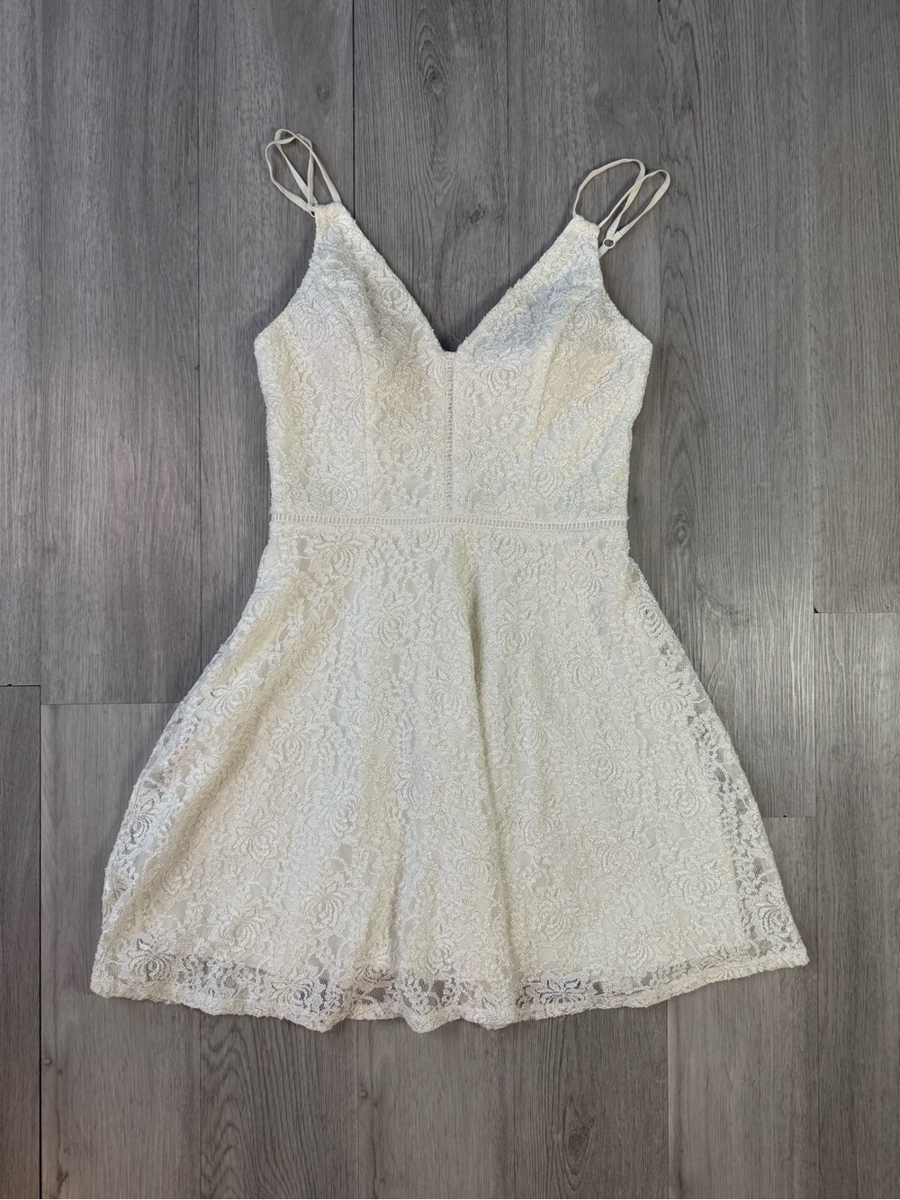 Speechless Ivory Floral Lace sparkly Fit & Flare V-Neck Strappy Short Dress Sz 9
